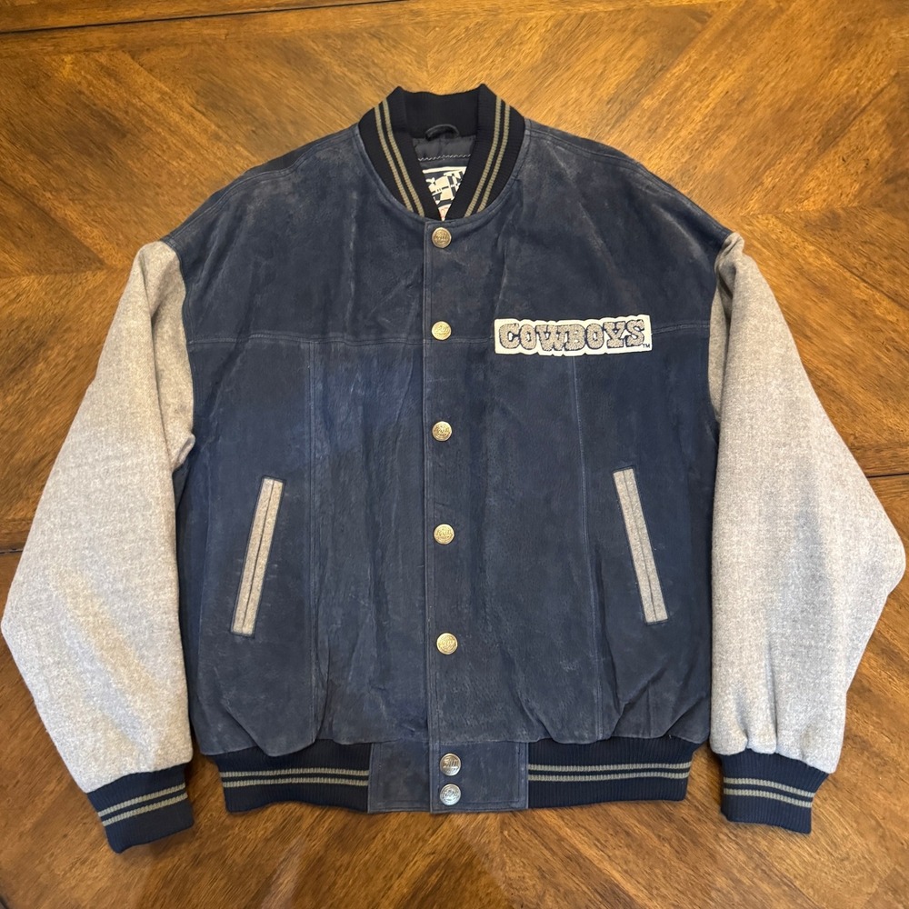 Dallas Cowboys Jacket Mens Varsity Style Full Snap Suede Gray Sleeves‎ |S1